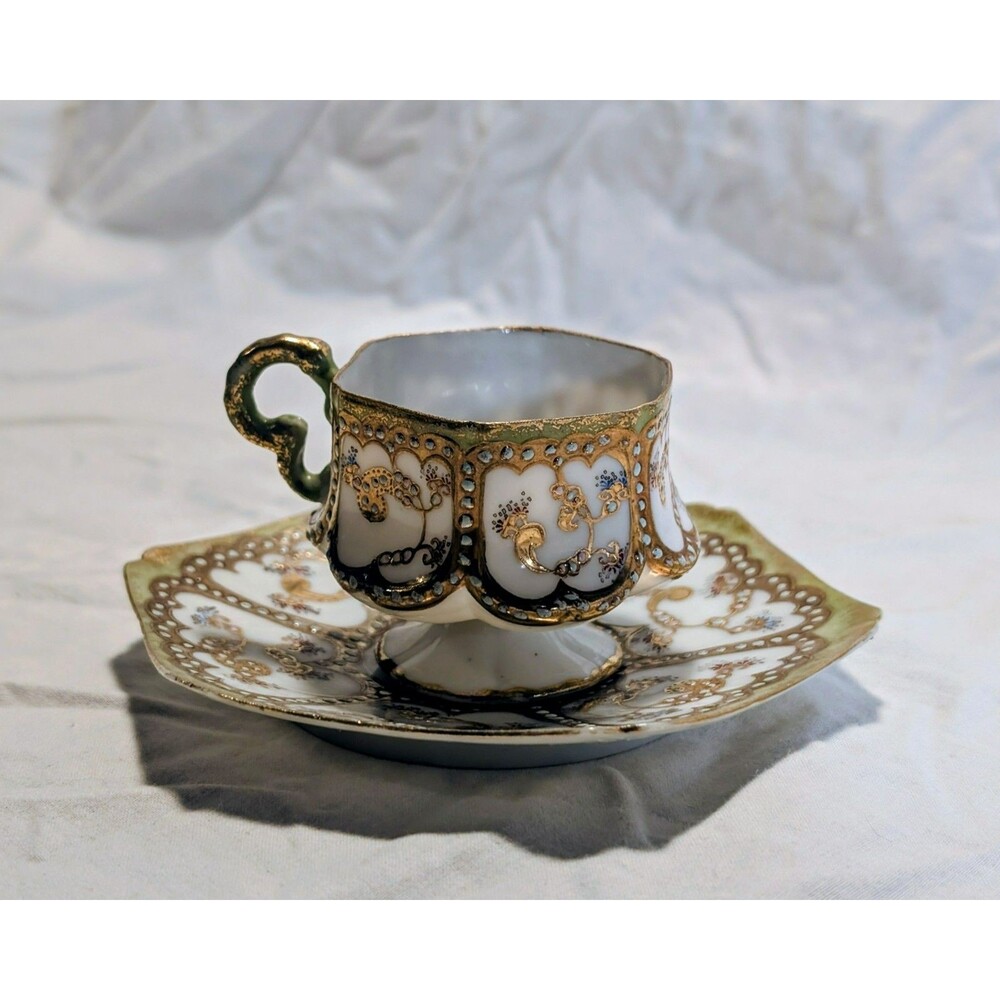 Vintage Footed Ornate Porcelain Tea Cup Saucer Gold Floral